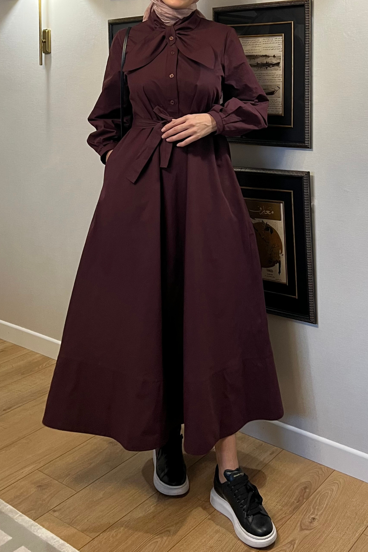 Yaka detaylı poplin elbise - bordo