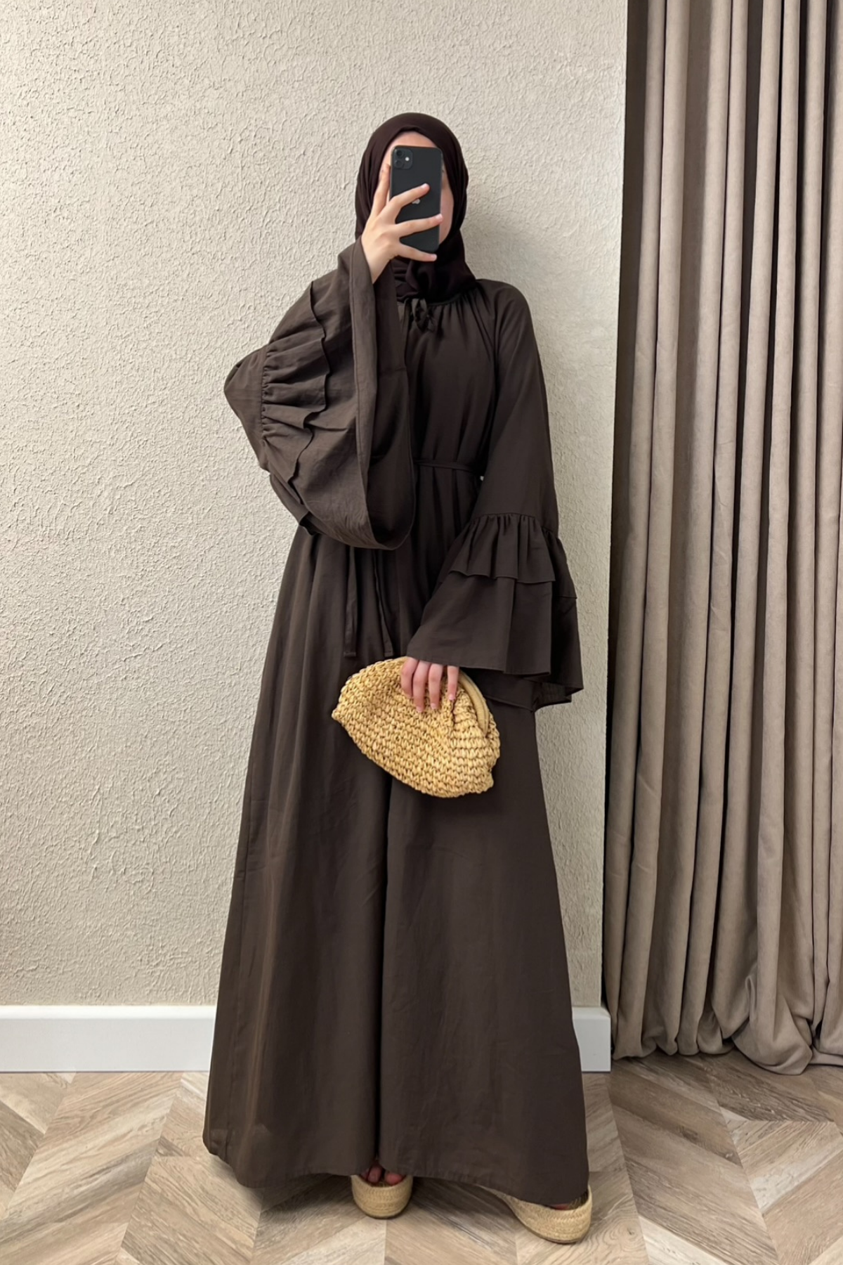 Yelpaze kol elbise- kahve 