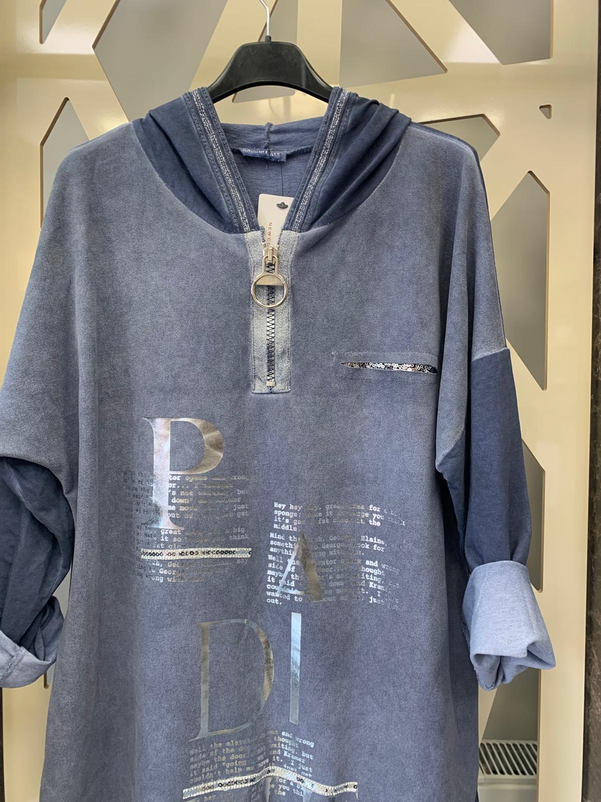 Arkası KesiK payetli Önü Desenli kapüşonlu Tunik-indigo