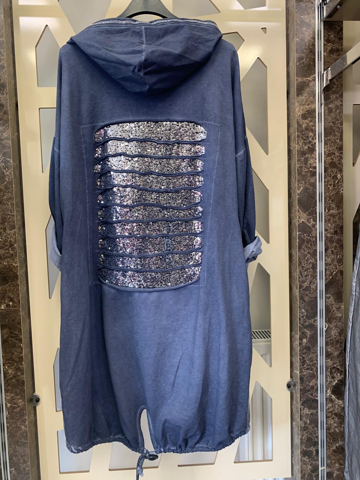 Arkası KesiK payetli Önü Desenli kapüşonlu Tunik-indigo