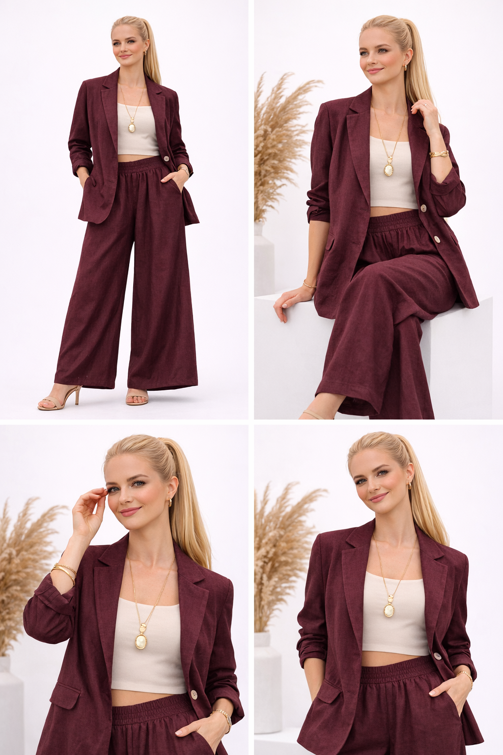 Bordo Keten Takım – Salaş Kesim Blazer Ceket & Bol Paça Pantolon Takım