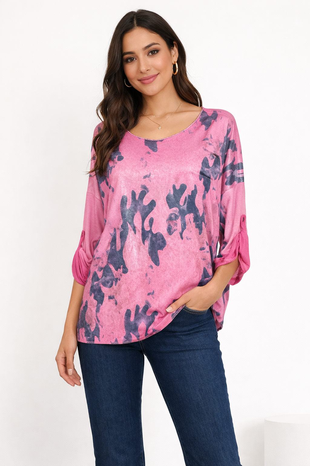 Desenli Oversize Bluz-Pembe 