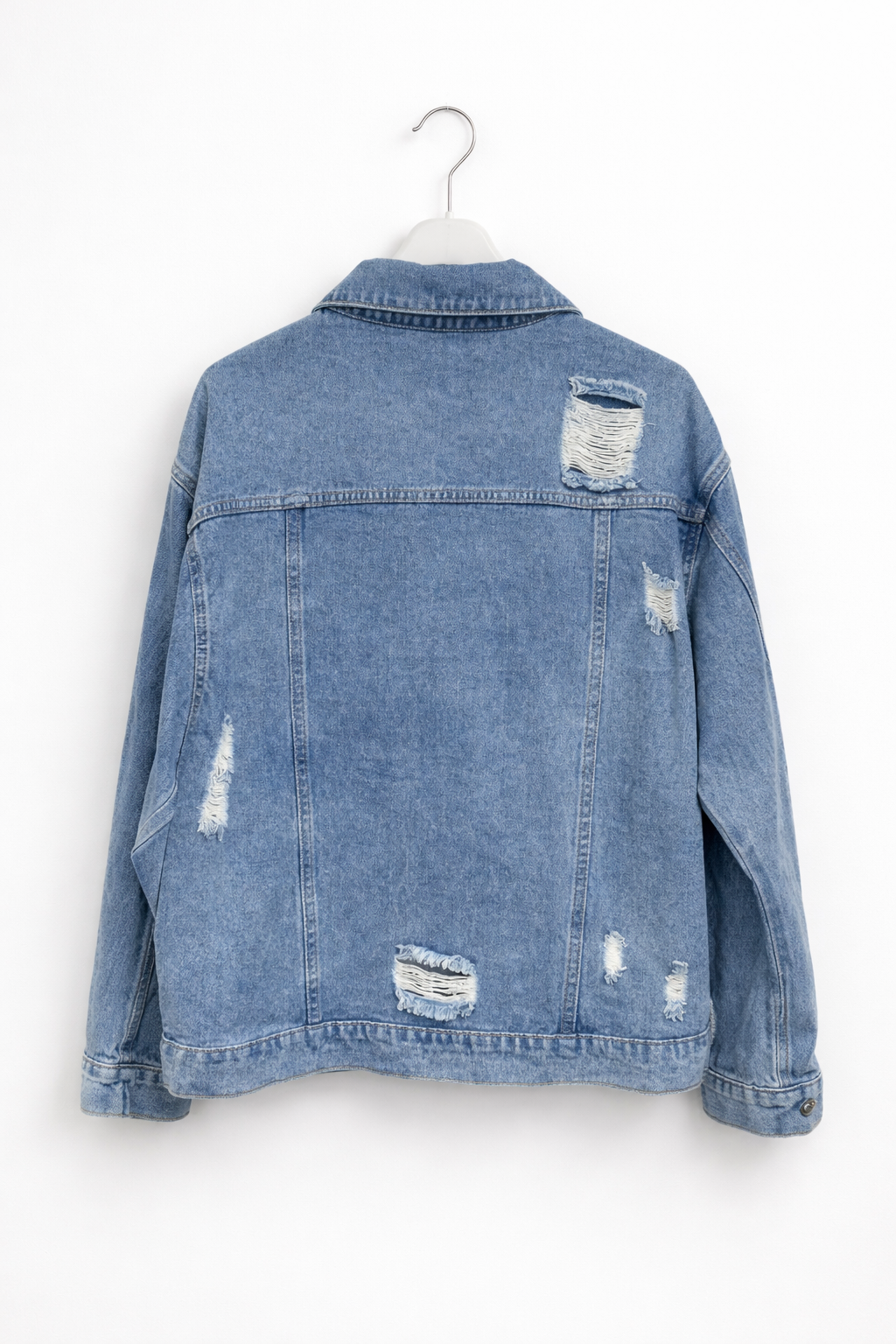 Mavi Kot Ceket – Taşlı & Yırtık Detaylı Oversize Denim Ceket