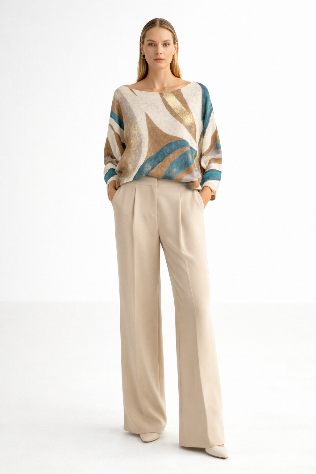 Merserize Desenli Salaş Triko Bluz – Bej Kahve Turkuaz Gold Detaylı