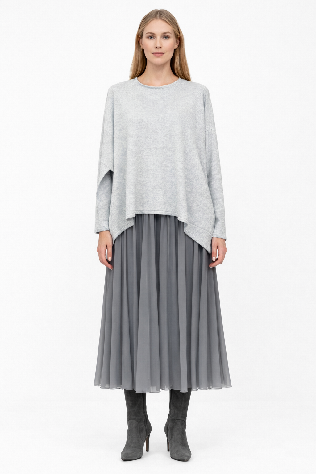 Oversize Gri Triko Tasarım Elbise