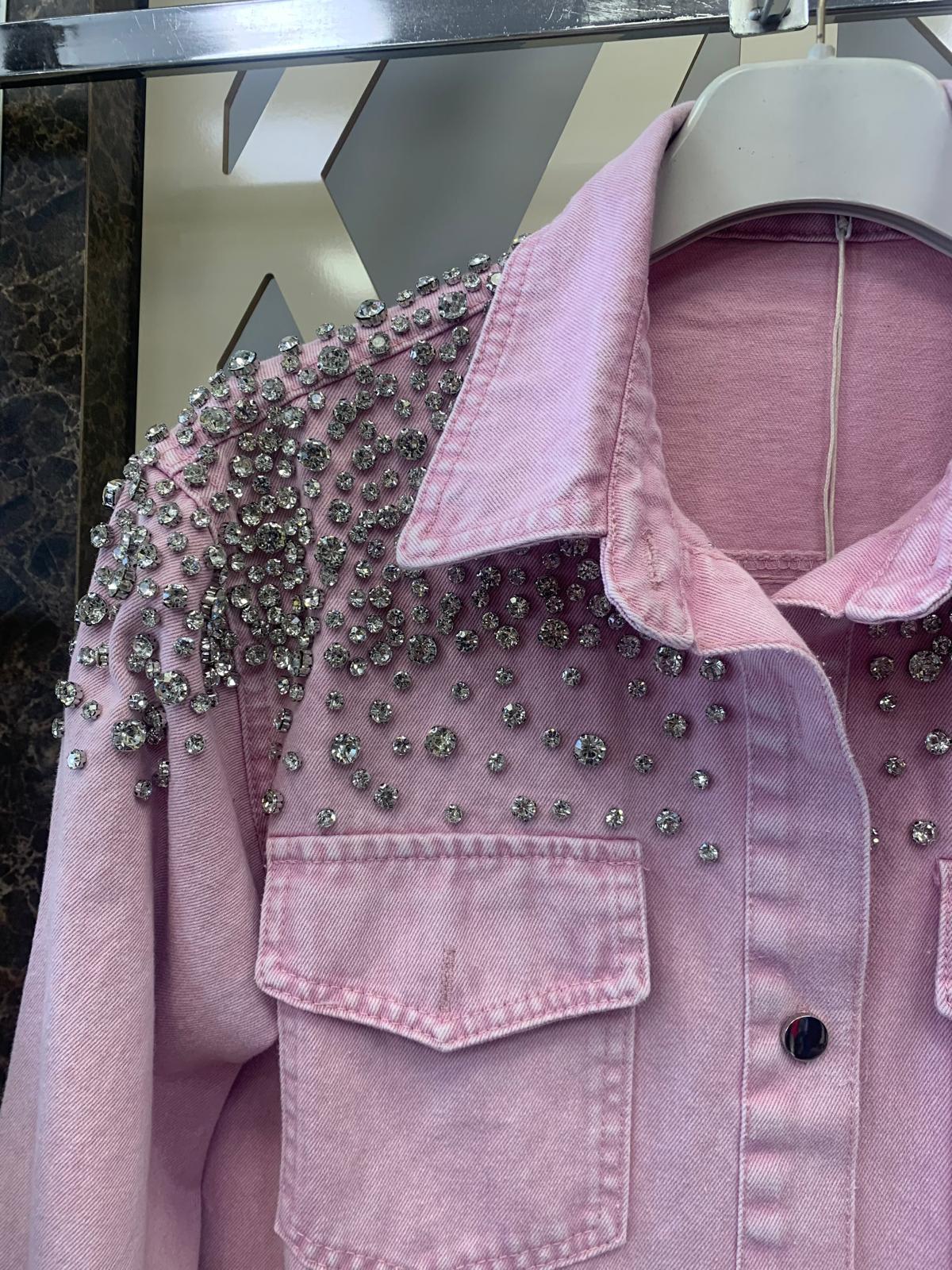Tasarım Çakma Taşlı Kot Ceket – Pembe