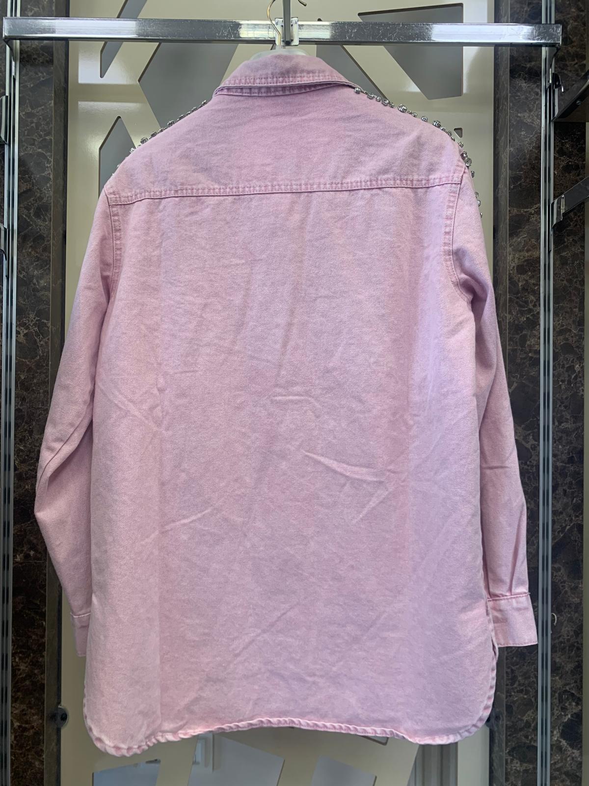 Tasarım Çakma Taşlı Kot Ceket – Pembe