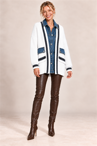  Denim Kot Detaylı Çizgili Cepli Oversize Triko Hırka-beyaz 