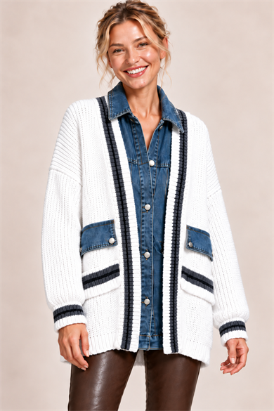  Denim Kot Detaylı Çizgili Cepli Oversize Triko Hırka-beyaz 