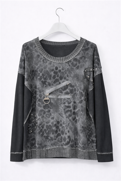  Önü Desenli Pamuklu Bluz -Gri