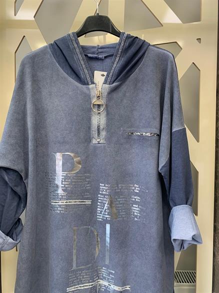 Arkası KesiK payetli Önü Desenli kapüşonlu Tunik-indigo