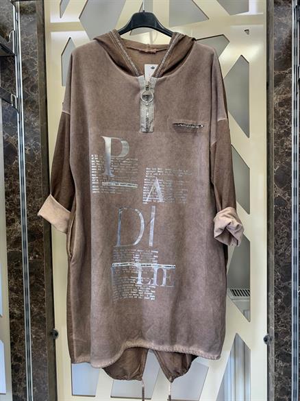 Arkası KesiK payetli Önü Desenli kapüşonlu Tunik-kahve 