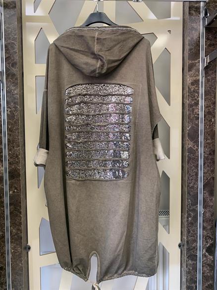 Arkası KesiK payetli Önü Desenli kapüşonlu Tunik-vizon