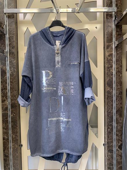 Arkası KesiK payetli Önü Desenli kapüşonlu Tunik-indigo