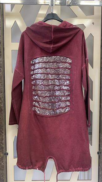 Arkası KesiK payetli Önü Desenli kapüşonlu Tunik-bordo