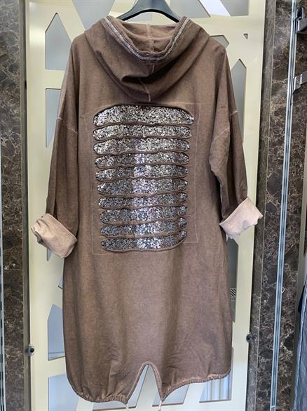 Arkası KesiK payetli Önü Desenli kapüşonlu Tunik-kahve 