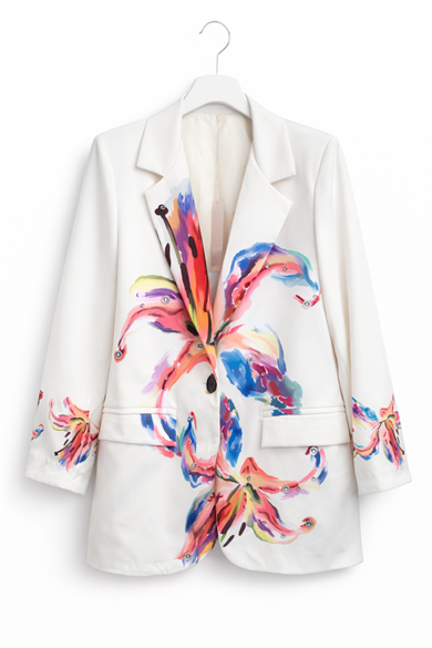 Beyaz Çiçek Desenli Blazer Ceket