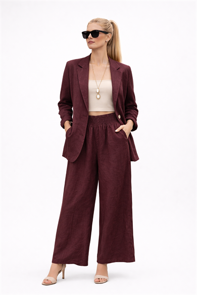 Bordo Keten Takım – Salaş Kesim Blazer Ceket & Bol Paça Pantolon Takım