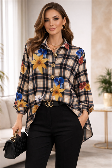 Çiçek Desenli Ekose Kadın Gömlek – Rahat Kesim, Uzun Kollu