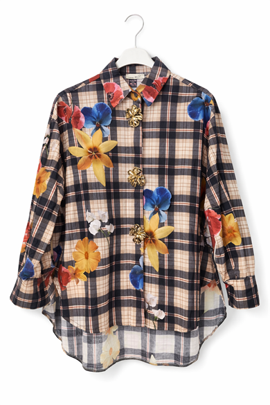 Çiçek Desenli Ekose Kadın Gömlek – Rahat Kesim, Uzun Kollu