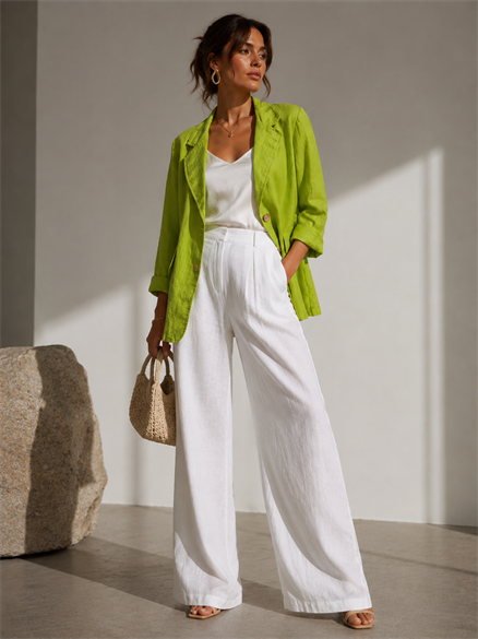 Fıstık Yeşili Keten Görünümlü Blazer Ceket – Oversize Yazlık Şık Ceket