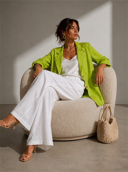 Fıstık Yeşili Keten Görünümlü Blazer Ceket – Oversize Yazlık Şık Ceket