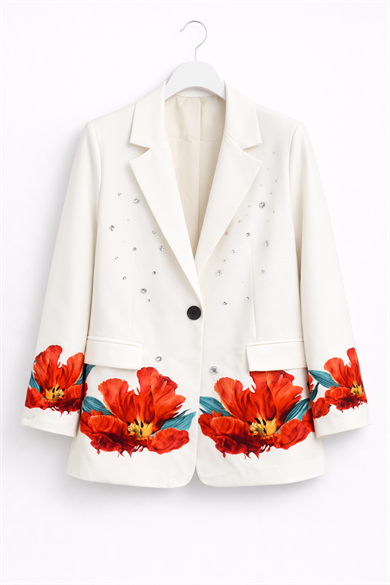 Gelincik Desenli Taş Detaylı  Oversize Blazer Ceket 