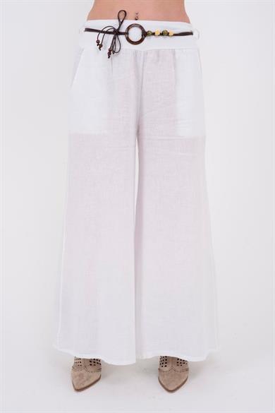 Geniş Paça Keten Pantolon -beyaz