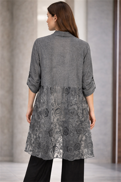 Gri Dantel Detaylı Keten Ceket