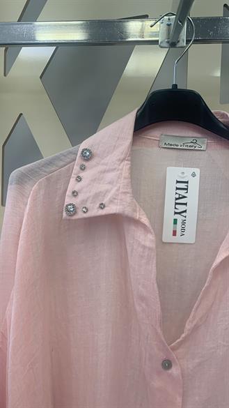 İtalyan Taş Detaylı pembe Şifon Gömlek