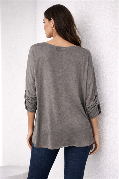 İthal Işıltılı Soyut Desenli Havuz Yaka Oversize Bluz-Kahve