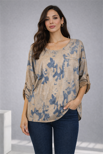 İthal Işıltılı Soyut Desenli Havuz Yaka Oversize Bluz-camel