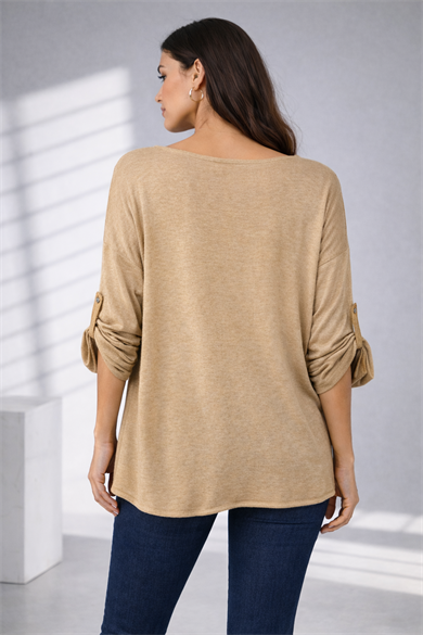 İthal Işıltılı Soyut Desenli Havuz Yaka Oversize Bluz-camel