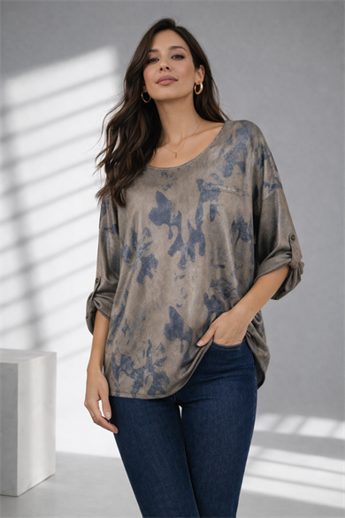 İthal Işıltılı Soyut Desenli Havuz Yaka Oversize Bluz-Kahve