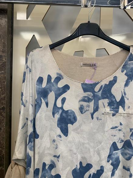 İthal Işıltılı Soyut Desenli Havuz Yaka Oversize Bluz-bej