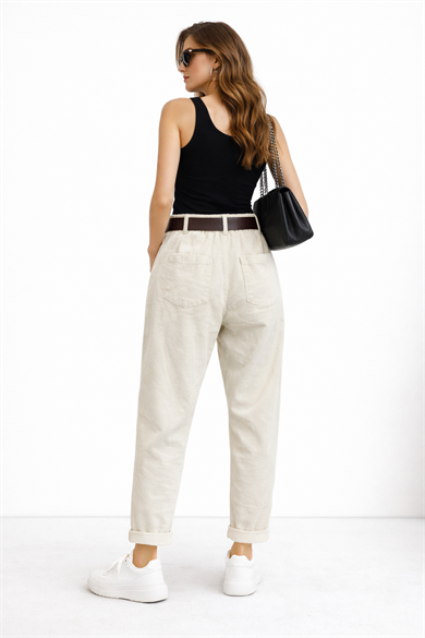Kadife Kumaş Oversize Kalıp Kemerli Pantolon -kemik