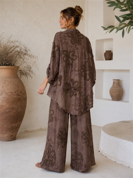 Kahve  Nakış İşlemeli vual kumaş  Gömlek Pantolon Takım – İthal Salaş Oversize Yazlık İkili Takım