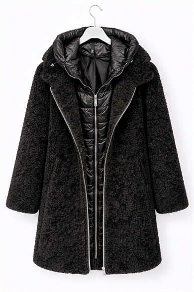 Kapüşonlu İçi Şişme Detaylı Siyah Teddy Kürk Kadın Kaban