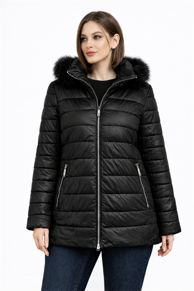 Kapüşonlu Kürk Detaylı Şişme Mont – siyah 