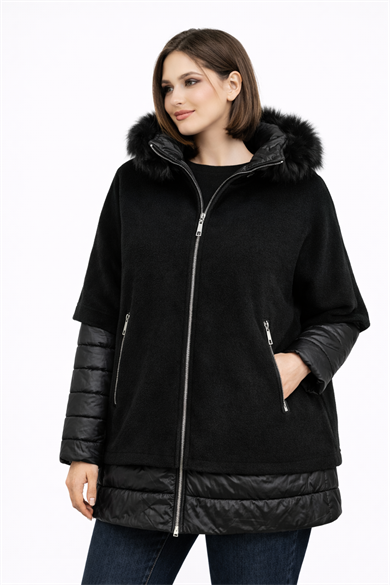 Kapüşonlu Kürk Detaylı Şişme Mont – siyah 