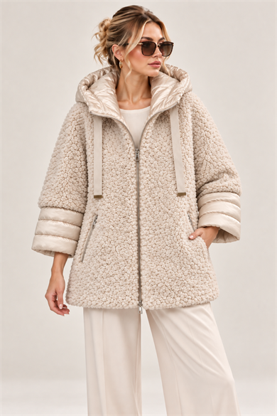 Kapüşonlu Peluş Teddy Ceket – Şişme Kol Detaylı bej