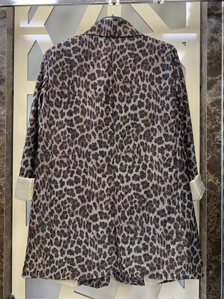Leopar Desenli Gabardin Simli Kumaş Blazer Ceket 