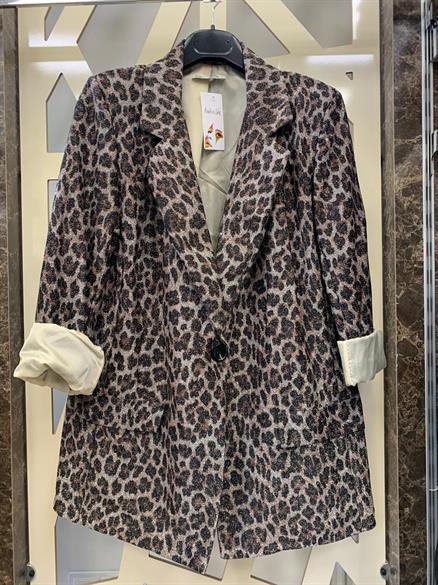 Leopar Desenli Gabardin Simli Kumaş Blazer Ceket 