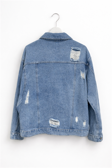 Mavi Kot Ceket – Taşlı & Yırtık Detaylı Oversize Denim Ceket