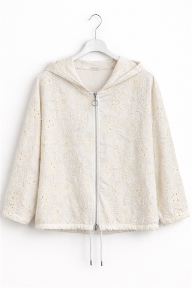 Nakışlı Kapüşonlu Fermuarlı Ceket – Oversize Pamuklu keten  Ceket