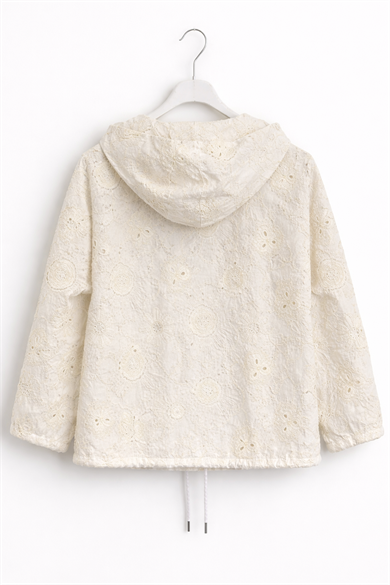 Nakışlı Kapüşonlu Fermuarlı Ceket – Oversize Pamuklu keten  Ceket