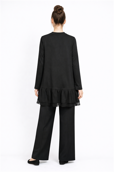 Omuz Taş Detaylı Volanlı Siyah Tunik Pantolonlu Takım