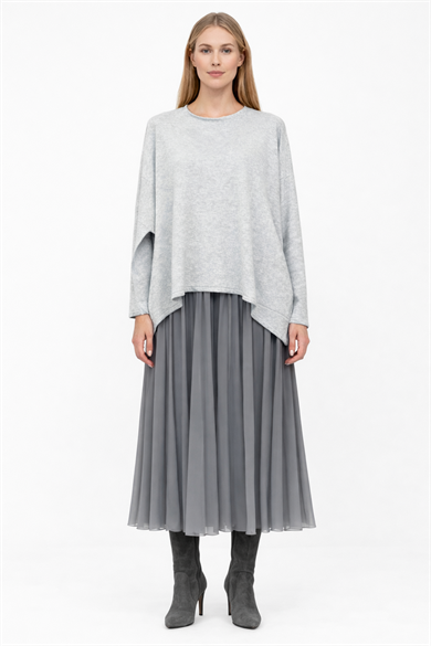 Oversize Gri Triko Tasarım Elbise