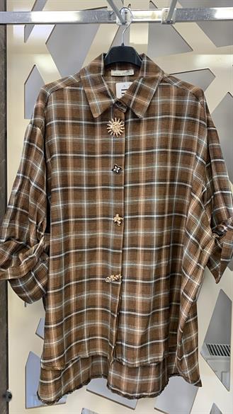 Özel Tasarım Broş Düğmeli Ekose gömle-CAMEL