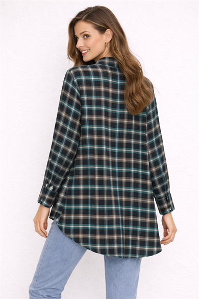 Özel Tasarım Broş Düğmeli Ekose gömle-siyah